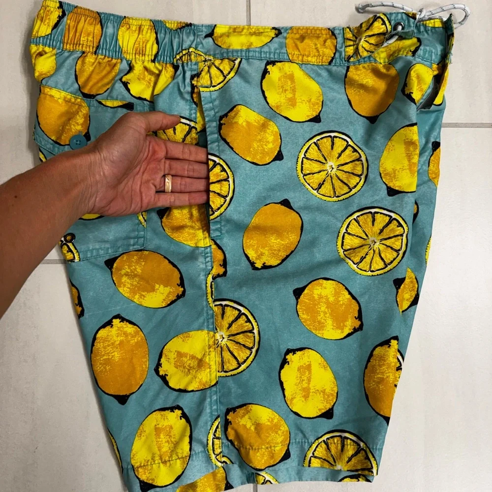 St. John’s Bay Lemon Print Swim Shorts, size Large, 9” inseam